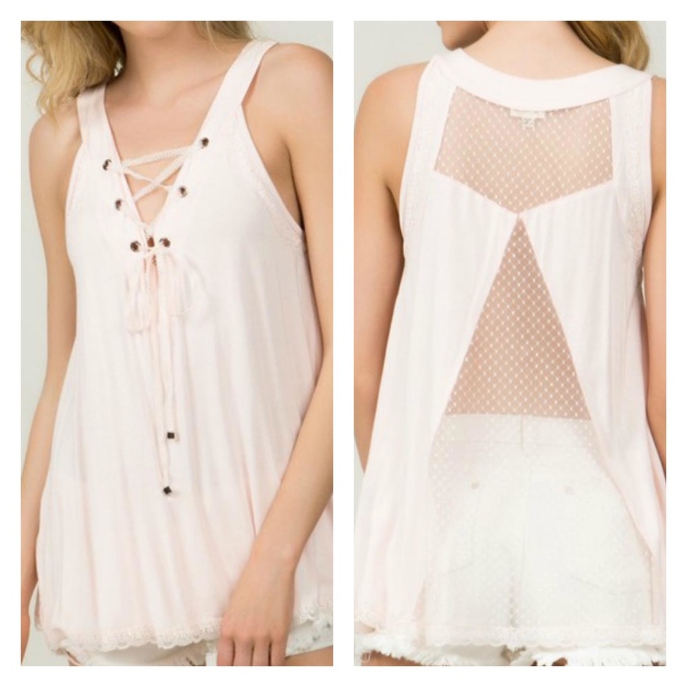 POL Blush Lace Up V Neck Sleeveless Top Small
